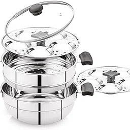 Trio Multi Kadai, Idly Pot and Steamer 3 in 1 - Stainless Steel with Glass Lid-image-35