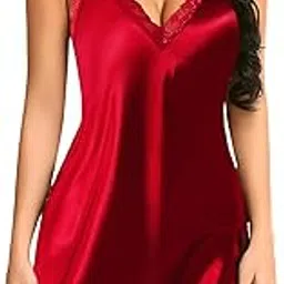 febeul Babydoll Women Sexy v-Neck Satin Lingerie Satin Lace Chemise Nightgown Sexy Full Slips Sleepwear Honeymoon-picture-30