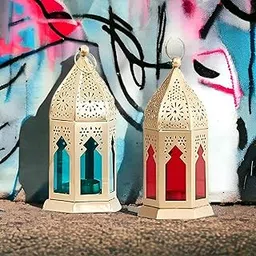 Blue Well Overseas Antique Collection Decorative Hanging Lantern/Lamp with t-Light Candle, Set of 2 (Size 9X9X17 cm) (Gold-Multi Glass)-image-46