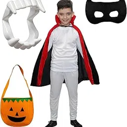 Kaku Fancy Dresses Polyester Halloween Dracula Robe, Teeth, Eyepatch, Pumkin Candy Basket For Kids Costume Set | Dress For Boys & Girls | Roleplay, Cosplay & Carnival - 10-12 Years, Multicolor-image-89