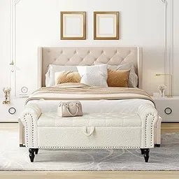 ONE LEGACY Prado Storage Bench, End of Bed Bench with Button-Tufted Large Upholstered Storage Ottoman Linen Window Bench with Storage Shoe Cabinet Bench, for Bedroom, Entryway, Closet. (White) image 1