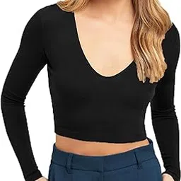 the blazze Women's Cotton Stylish Stretchable Deep V Neck Full Sleeve Readymade Crop Top T-Shirt for Women L441-picture-39