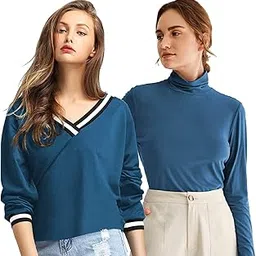 fabricorn Combo of Cotton Turtle Neck and V Neck Full Sleeve Tshirt for Women (Pack of 2)-picture-47