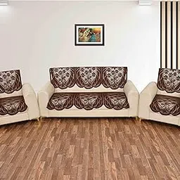 BIGGER FISH Premium Look Poly Cotton 5 Seater Floral Sofa Cover Pack of 10 Pieces - Brown-picture-50