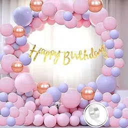Flyloons Purple Pink birthday decoration items for Girls Kids baby 61pcs Set, Golden Glitter happy birthday banner, Pastel and Rose Gold Chrome Balloons, Arch Tape for Ring Design-image-2