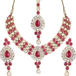 i jewels Traditional Gold Plated Jewellery Set with Maang Tikka using Austrian Diamonds for Women IJ250Q (Rani/Dark Pink)-picture-40
