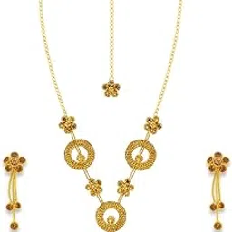 accessher Women's & Girls Gold-Tone Golden Round Floral Choker Necklace Set with Earrings & Maangtikka, Accessories Jewellery Set Combo for Weddings & Special Occasions-picture-14