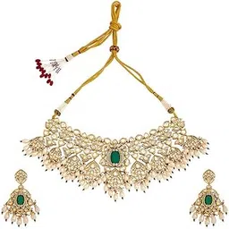kushal's Green Victorian Plated Ethnic Kundan Necklace Set - 411446-picture-55