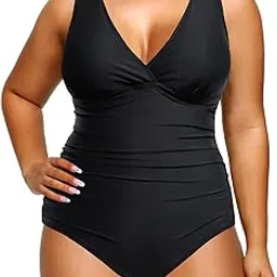 aqua eve Women Plus Size One Piece Swimsuits V Neck Tummy Control Bathing Suits Retro Ruched Swimwear-picture-38