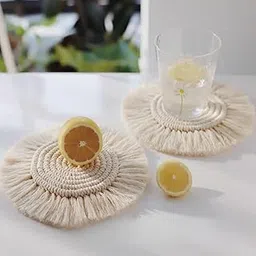 SATYAM KRAFT 2 PC Macrame Round Coasters Bohemian Style, for Tea Cups, Coffee Mugs, Wood Cups, Steel Cups, for Dinning Table, Center Table Decoration (White, Set of 2)-picture-52