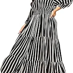 Women's Striped Rayon Fit and Flare Maxi Dress for Women Festive Fancy|Casual Trending Stylish Long Plus Size One Piece Dresses Women Western (3XL,4XL,5XL,6XL) (Black)-image-48
