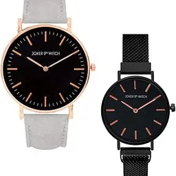 Stainless Steel Kevin & Veronica Couple Analog Watch Gift Set For Men And Women, Black Dial, Black Band-image-0