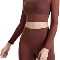 icw Women Knitted Long Sleeves Sheer Mesh Chest Pad Running Sports Quick-Drying Mock Neck Workout Gym Yoga Crop Top T-Shirt 309-picture-24