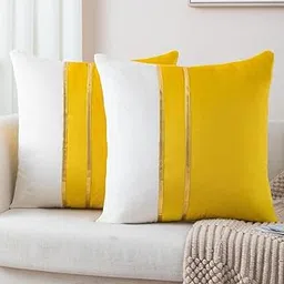 Pack of 2 Decorative Throw Pillow Covers for Living Room Couch Bed, Velvet Patchwork with Gold Leather, Home Decor, Square Cushion Case (Yellow, 18X18 Inch)-picture-43