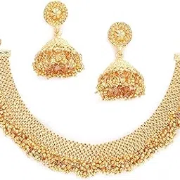 zeneme Jewellery Set Gold Plated Traditional Temple Coin Pearl Necklace Set With Dangling Earrings Jewellery for Women & Girls-picture-31