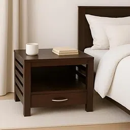 Solid Sheesham Wood Bedside Table for Bedroom | Handmade Furniture Pure Wooden Bed Side Nightstand End Table with Drawer and 1 Open Shelf Storage (Walnut Finish) image 1