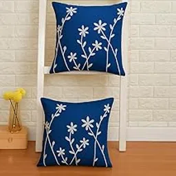 Decorative Embroidery | Premium Tufted Cushion Cover in 16x16 inches for Couch, Chair, Sofa, Bedroom, Living Room (1, Royal Blue/White Leaf)-picture-21