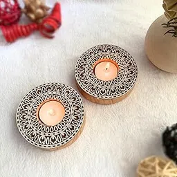 Goyoham | Pack of 2, Premium Wooden Candle Holders with Circular Mandala Pattern | White and Brown | Home Decor and Gifting-image-0