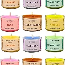 Floryn Decor Small Scented Candles Gift Set for Home Decor, Non-Breakable and Reusable Jars, Fragrances - Lavender, Rose, Vanilla, Jasmine, Sandalwood, Lemongrass (12)-image-57