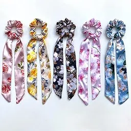 SILVR BEAR Luxury Satin - Set of 5 Same Colours As Pic, Printed Ribbon Scarf Scrunchies, Anti-Hair-Breakage, Stylish Scrunchy for Girls, Women, Hair Ties, Best gift for Sister, Friend, Mom (Floral)-image-51