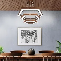 KASTENGLOW Wooden Hexagon Led Pendant Chandelier| European Look | 32 Watt | Living Room | Showroom | Office Space| Residences | Dinning Area Unique Hexagonal Wooden Frame Lampshade (Brown)-picture-37