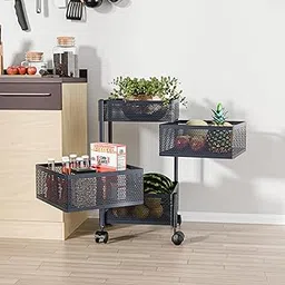 Kuber Industries 3+1 Layer Kitchen Storage Rack | Metal Kitchen Trolley with Wheels | Vegetable Rack for Kitchen | Revolving Vegetable & Fruit Stand for Kitchen | Square Shape - Dark Grey-image-85