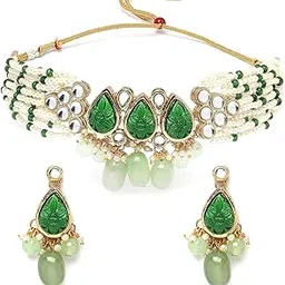 karatcart Green Carved Stone Studded Pearl Beaded Kundan Choker Necklace Set for Women-picture-27