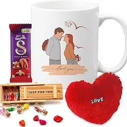 Handicraft Bazarr Valentine Gift for Boyfriend Heart Cuhsion Wooden Message Box Chocolate Combo Ceramic Mug 350ml Valentine Hamper for Girlfriend-image-21
