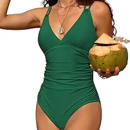charmo One Piece Swimsuits for Women Tummy Control Ruched Bathing Suit Sexy V Neck Criss Cross Strappy Monokini, #4 Green, X-Large-picture-13