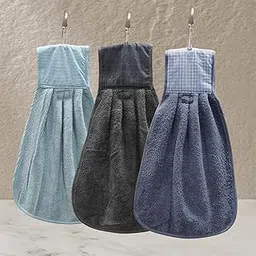 Giza COTTON Hand Towel with Loop | 600 GSM | Hanging Napkin for Wash Basin, Kitchen Sink, Bathroom| Pack of 3 in (Blue, Black and Grey) image 1