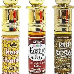 INDRA SUGANDH BHANDAR Attar For Men|Women KESAR CHANDAN, Original KASTURI & RUH KESAR Real Spanish Saffron & Musk Long Lasting Fragrance 6ml Rollon 3 Pc. Combo Pack-image-21