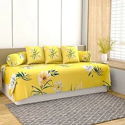 SHOMES Pure Soft Glace Cotton Floral Printed Diwan Set Covers 6 Pieces - 1 Single Bed Sheet with 3 Cushion & 2 Bolster Covers - Yellow Color-image-1