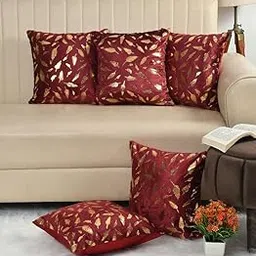 HOMECROWN 16x16 Inch Velvet Cushion Covers Set of 5 Pcs, Soft Decorative Faux Fur Throw Pillow Covers with Golden Feather Print for Sofa, Couch, Bed, Living Room - Maroon-250 TC-picture-26