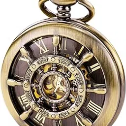 treeweto Bronze Double Cover Roman Numerals Dial Skeleton Mens Women Pocket Watch-picture-28