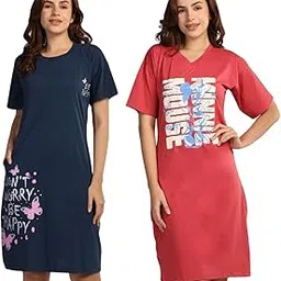 duchess Combo Cotton Down Sholder Round Neck Printed Knee Length Nighty for Women(Pack of 2)-picture-56
