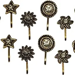 Nose Pin Stud Ring Clip on Non-Piercing Oxidized Antique Floral Assorted Design with Stone for Girls and Women (pack of 12)-image-6