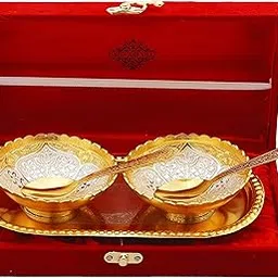 INDIAN ART VILLA Silver Plated Gold Polished Decorative Bowl Set with 2 Spoons & 1 Tray, Service for 2, Festive Gifts-image-30