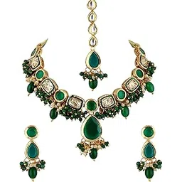 lucky jewellery Meenakari 18k Gold Plated Tika Earring Combo Uncut Big Faux Kundan Choker Necklace set-picture-32