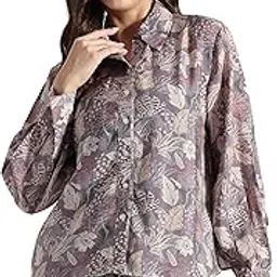 sino star enterprise Women's Floral Print Button-Down Shirt, Grey with Botanical Pattern, Long Sleeve, Collared Blouse-picture-52