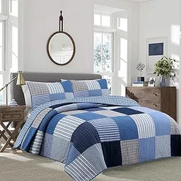 Cozy Line Home Fashions Navy Blue Brown Tan Plaid Striped 100% Cotton Reversible Quilt Bedding Set, All-Season Coverlet Bedspread (Denim Patchwork, Queen - 3 Piece)-image-16