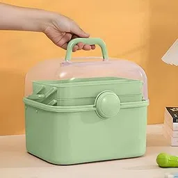 KIMANA 3 Layer Storage Box & Organizer | Multipurpose Plastic Box for Makeup, Medicine, Stationery – With Handle & Lock Lid - Green image 1