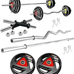 Kore Professional 10KG Metal Integrated Rubber Plates Home Gym Set With 3 Ft Curl + 5 Ft Plain and Pair of Dumbbell Rods, Multicolor-picture-18