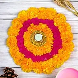 Sesonby 12" Marigold Flowers Tealight Holders for Diwali Decoration Rangoli Look Flowers Mat Floor Decoration Home Decor Tealight Holders Wax with Tealight-picture-35