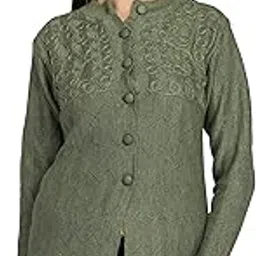 lady willington Women's Woolen V-Neck Cardigan - Printed Heavy Front Kadai Daffodil Fabric Winter Wear Pure Wool Cardigan for Women - Free Size Long Cotty Fully Warm (OliveGreen, 3XL)-picture-25