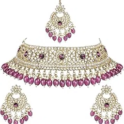 i jewels Gold Plated Traditional Kundan Pearl Hanging Choker Necklace Jewellery Set With Earrings & Maang Tikka For Women-picture-50
