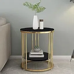 Metal Center Table, Round Simple Coffee Table with Storage, Minimalist Cocktail Tea Tables for Living Rooms, and 2-Tier Shelves End Table for Decorative Table for Small Spaces. (Gold Black)-picture-12