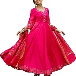gosriki Women's Rayon Blend Anarkali Solid Kurta with Pant & Dupatta-picture-35