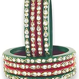 praavya Traditional Rajasthani Lac Bangles, Diamond Studded Jaipuri Lakh Chudi Set, Red and Green, Kundan Design, Set of 8-picture-14