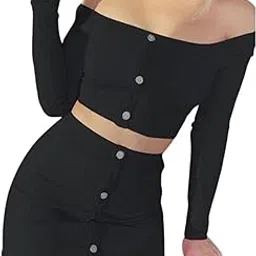 quecy Women's Polyester Slim Fit Casual Solid Off Shoulder Button Skirt Outfits Set of 2| Size-XL | Color-Black-picture-40