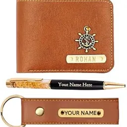cybe Personalized Men's Name Wallet, Keychain, and Pen Combo Gift Set (Golden Black) (Tan)-picture-20